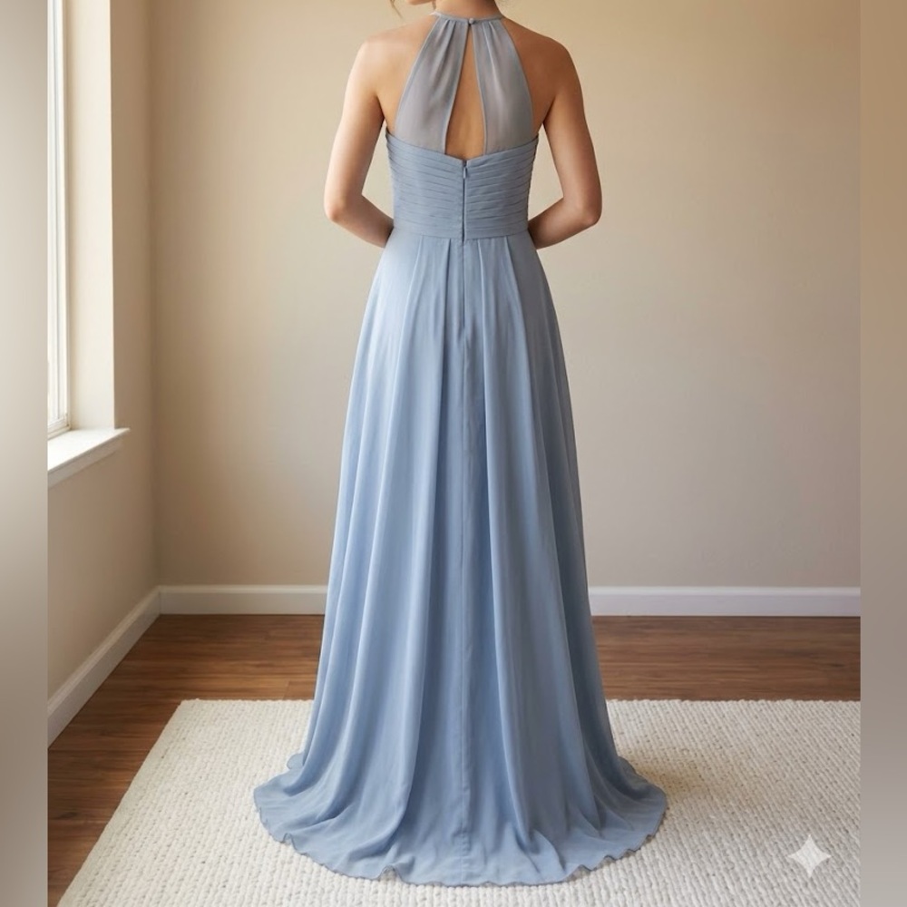 Azazie Dusty Blue Chiffon Bridesmaid Dress A-Line Halter Size A8 - Picture 3 of 12